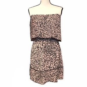 PARKER PINK & BLACK LEOPARD PRINT PLEATED STRAPLESS MINI DRESS SIZE M
